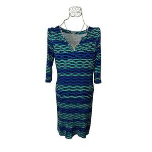 Beautiful  Hatley fish print Dress 3/4 Sleeve blue and green  midi dress size SP